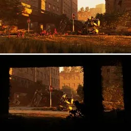 Bare bones post-apocalyptic 3D Blender scene template with dramatic lighting, free assets, and room for customization.