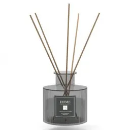 Realistic 3D model of a grey glass diffuser with wooden aroma sticks, perfect for Blender rendering.