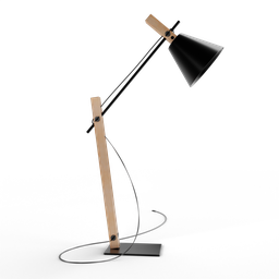 "Blender 3D floor lamp model - black lamp on wooden stand with accent lighting. Designed by user with Blender software."