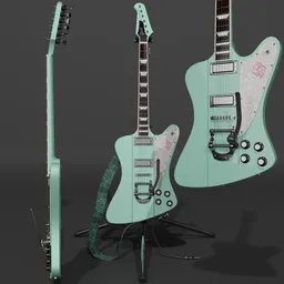 Detailed Blender 3D model of a Gibson Firebird guitar with Bigsby and a sparkling light blue flake finish.
