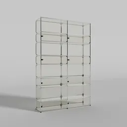 "USM Modern glass shelf, a stunning 3D model designed by renowned USM designer. This sleek and contemporary office storage piece is inspired by Donald Judd and IKEA designs. Created using Blender 3D software, it features multiple glass shelves in a modular layout, reminiscent of the minimalist aesthetic. Perfect for adding a touch of elegance to any virtual office or rendering."