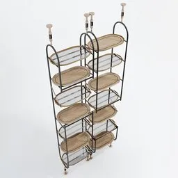 High-quality Blender 3D model of suspended shelving unit with metal frame, wooden shelves, and glass details.
