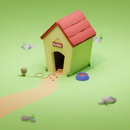 3D cartoon doghouse model in a vibrant scene created with Blender, featuring a path, bowl, and stylized foliage.