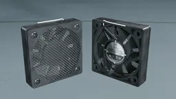 Highly detailed 3D rendering of a 12v DC cooling fan model for electronic applications, compatible with Blender.
