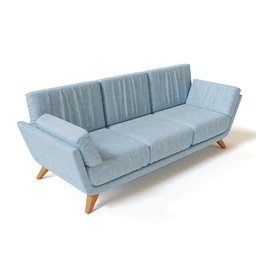 "Highly detailed living room sofa with blue cover and wooden legs, perfect for Blender 3D. Includes stylish cushions for added comfort and design."