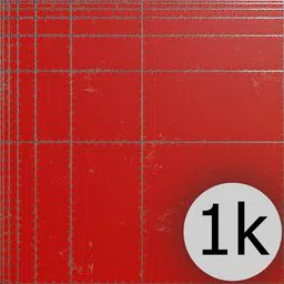 Detailed red painted metal Trimsheet texture for 3D modeling in Blender with grid lines and 1K resolution badge.