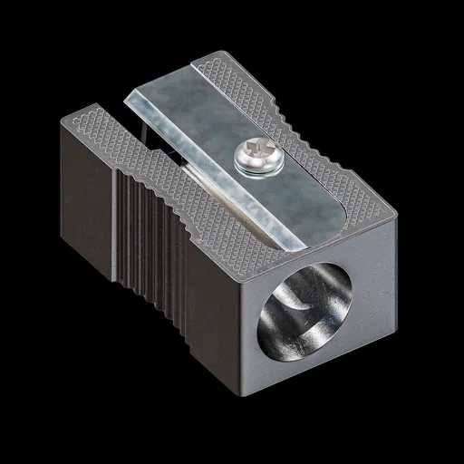 Realistic 3D metal sharpener model with detailed texture and lighting, suitable for Blender 3D projects.