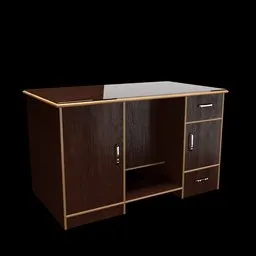 Detailed 3D model of a wooden office desk with drawers and shelves, suitable for Blender rendering.