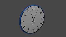 Detailed 3D rendering of a simple round clock with blue frame and sleek design suitable for Blender modeling.