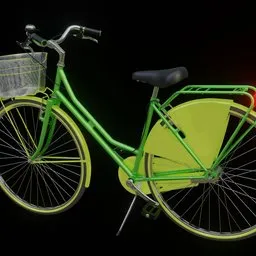 Alt text: "Highly detailed untextured green bicycle with a front basket, rendered with bright lighting in Cinema 4D. This hyper-realistic 3D model, inspired by Jan Nieuwenhuys, is perfect for 3D game art or studio projects in Blender 3D. Free download available."