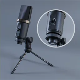 "3D model of a PC microphone with stand for Blender 3D software. This microphone features a rotating body constraint and a controllable LED light. Perfect for audio-related projects in digital art and streaming."
