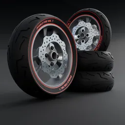 Detailed 3D motorcycle wheels set, realistic tire textures, suitable for Blender vehicle modeling.