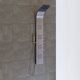 3D model of a modern shower panel with hand shower and multiple body jets, designed in high detail for Blender rendering.