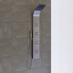 "SP25 Shower Panel - Shower System with Rainfall and Waterfall Shower Head and Hand Shower, designed by Howard Butterworth in Blender 3D. Featuring chemrail, neutral colors, and a dirty old golden metal surface for a vintage look."