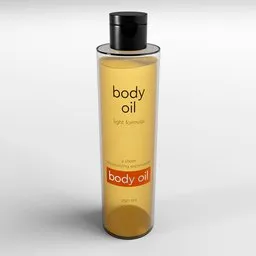 Realistic 3D model of a personal care body oil bottle designed in Blender, perfect for post-bathing routines.