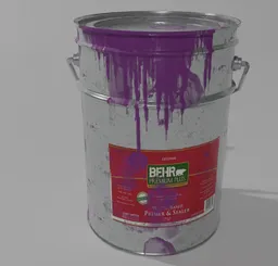 3D rendered aged metal paint container with dripping purple paint for use in Blender modeling and simulation.
