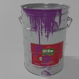 "Vintage metal paint container in purple color with leaks and ink smudges - Blender 3D model inspired by Aurél Bernáth and rendered in Pixar. Created by Bela Čikoš Sesija in the industrial container category, based on a 1970's color scheme. Perfect for game engine and Unreal Engine projects."