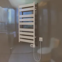 Detailed 3D model of a white modern towel rail radiator suitable for bathroom designs in Blender 3D.