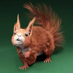 "Hyper-realistic 3D model of a startled squirrel standing on a green surface, created in Blender 3D. This mammal model features a rig and particle fur for added realism. Perfect for Blender 3D enthusiasts looking for a lifelike squirrel character."