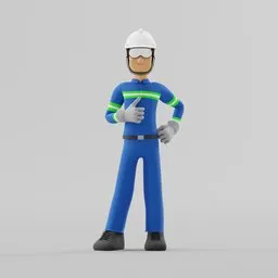 "Victor Character Rigged - Low Poly 3D Model for Blender 3D, Perfect for Corporate and Construction Themed Animation. Clean Topology, Ready to Animate with UVs and Rigging. Hand on Hip and Sarcastic Pose in Blue Uniform and Helmet."