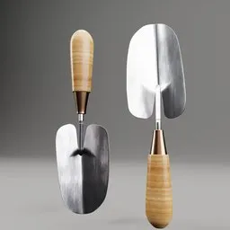 High-quality 3D model render of two garden shovels with wooden handles, designed for Blender 3D visualization.