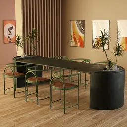 Elegant 3D-rendered dining scene with plant decor and chic furniture, ideal for Blender artists.