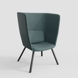 High-quality Blender 3D rendering of a modern armchair with teal upholstery and angled black legs.
