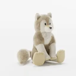 "Child toy wolf plushie 3D model for Blender 3D software. Soft and cuddly stuffed animal with alert brown eyes, perfect for kids playtime. Endangered species-inspired design by Wolf Olins, Husky, and Jacob & Co."