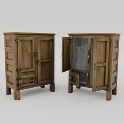 Detailed 3D model of a vintage wooden ice box, showing both closed and open doors, designed in Blender.
