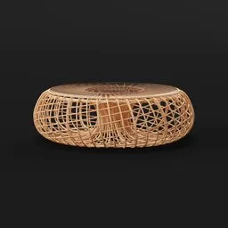 "3D model of a wicker table with glass top created in Blender 3D software. Perfect for game development, product visualization and interior design projects. High-resolution quality and detailed craftsmanship featured."