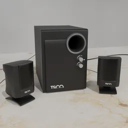 "High-detail Tesco brand desktop speaker and amplifier 3D model for Blender 3D, with two speakers on a table and remote control. Realistic 3/4 view, inspired by Mym Tuma and Takeuchi Seihō, with neodada styling and applied shadowing and tone."