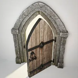 Low-poly 3D medieval Gothic door with stone arch and PBR textures for Blender, suitable for virtual castles and churches.