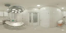 360-degree view of a clean, well-lit hospital room HDR with surgical light for scene illumination.