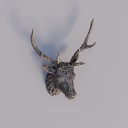 Detailed 3D-rendered deer head with textured antlers designed for Blender artists and sculptors.