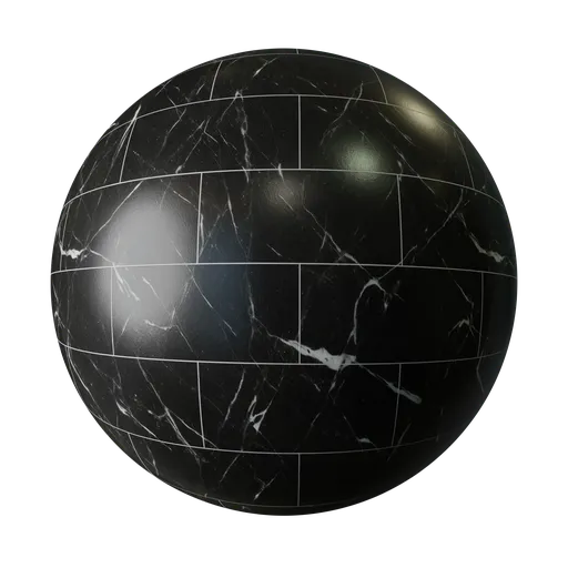 Seamless PBR texture preview of a black marble material with intricate white veins for 3D modeling in Blender.