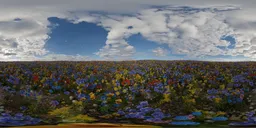 Vibrant multicolored floral meadow under cumulus clouds for scene lighting.