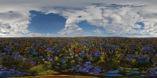 Vibrant multicolored floral meadow under cumulus clouds for scene lighting.