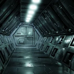 "Explore the depths of the Sci-Fi airlock corridor with hand-painted bump textures. Marvel at the interconnected glowing tubes and metal doors as you immerse yourself in this spaceship hallway background model. Compatible with Blender 3D software, by Aaron Bohrod."