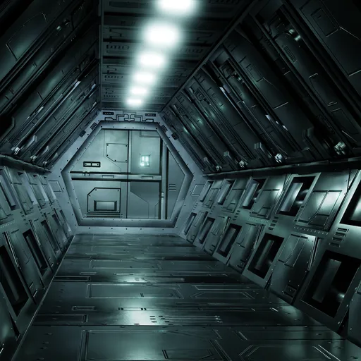 Detailed 3D render of a futuristic corridor with metallic textures and overhead lights, compatible with Blender.