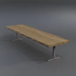 Realistic Blender 3D model featuring a long walnut wood slab tabletop with sturdy iron legs.