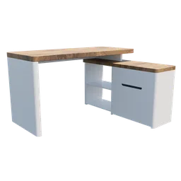 "Corner desk with wooden top and white cabinet - Belfield L-Shape Desk 3D model for Blender 3D. Customizable assembly for left or right version, ample storage space behind drawers, doors, and open container."