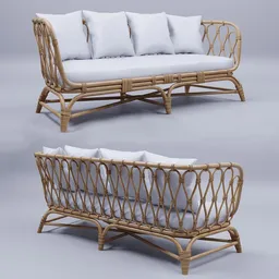 Boho Rattan Sofa with Cushions