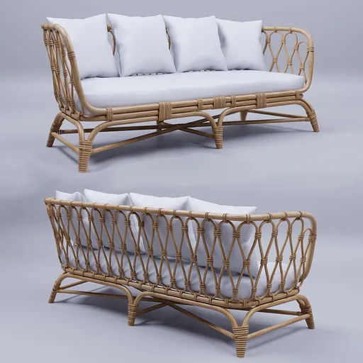 Boho Rattan Sofa with Cushions