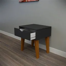 Realistic Blender 3D model of a black bedside table with a single drawer and wooden legs.