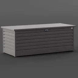 Detailed 3D model of a horizontal metal storage box with slatted design and handle, suitable for garden pillows in Blender.