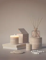 Elegant 3D render for product display, featuring candles and diffusers, ideal for Blender visualization.