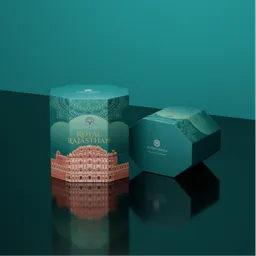 Elegant 3D-rendered luxury perfume boxes with royal motifs on reflective surface for product visualization.