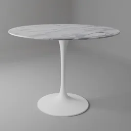 "Telma Tulip Round Dining Table: A stunning 3D model in Blender 3D featuring a sleek round design with a white base and a beautiful marble top. Also known as the Saarinen table, designed by Eero Saarinen. Perfect for interior design projects, side view centered, Conversano, Secondlife."