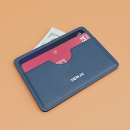 "Blue wallet inspired by Johann Heinrich Bleuler, featuring a credit card inside, designed in a retro-futuristic style. This 3D model for Blender 3D is a textured cards holder with enhanced details and mesh stitches, perfect for holding up to 4 cards. UV unwrapped and created using Blender 3D software."