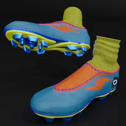 "Sci-fi comic football boots with glowing seams and large studs, created in Blender 3D. Inspired by Giovanni Battista Cipriani's artwork, the shoes feature bright colors, highly detailed texture, and varying skin details. Perfect for any sport-loving comic character in need of futuristic footwear."